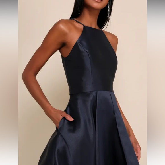 Lulus NavyBlue Broadway Show High-Low MidWeight Taffeta Construction Gown NWOT M - Picture 16 of 16